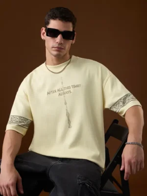 Men Self Design Round Neck Pure Cotton Yellow T-Shirt